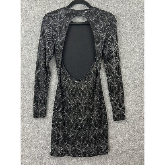 H&M Divided Black Silver Glitter Art Deco Bodycon Mini Dress Open Back US S - Picture 3 of 6